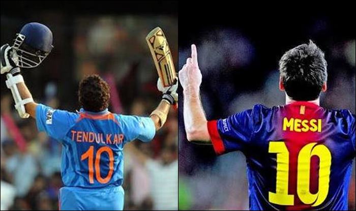 A split image featuring two legendary sports figures wearing the number 10 jersey. On the left, Sachin Tendulkar, known as the "God of Cricket," while on the right, Lionel Messi often hailed as the greatest footballer. Both athletes are iconic figures in their respective sports, cricket and football. Legends of the Pitch: Cricket's Tendulkar vs. Football's Messi - Who Rules Supreme?